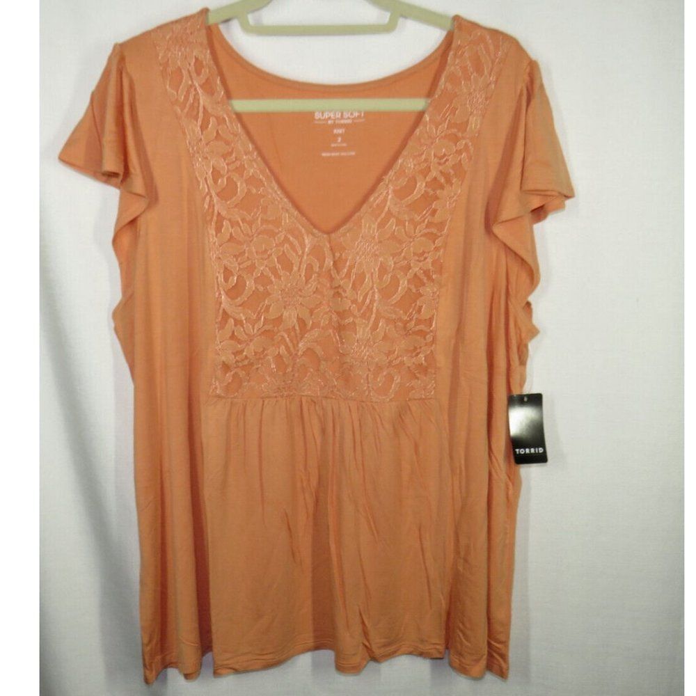 Torrid Super Soft Peach Lace Trimmed V-Neck Flutter Sleeve Top Plus Size 2X